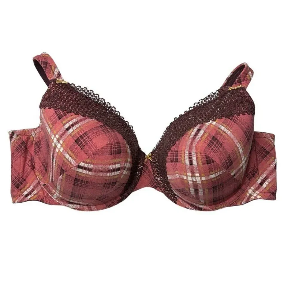Cacique Plaid Red Lace Trim Lined T Shirt Bra 40H